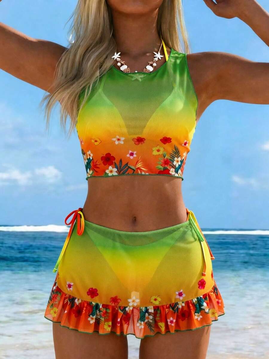 Swim Lushoire Women's Sexy Tropical Halter Backless Tie-Waist Outfit, Gradient Color Print + Matching Sheer Overlay Top And Ruffle Hem Mini Skirt, Summer Vacation - Green - View 1