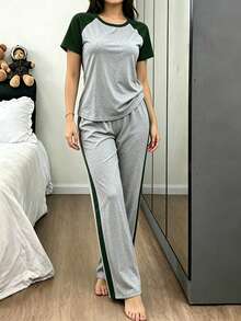 Napfluff Conjunto de pijama casual de mujer con manga raglán y pantalones largos - Gris - Ver 5