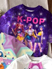 Young Girl Casual Simple Cartoon Pattern Round Neck Short Sleeve Basic T-Shirt Suitable For Spring And Summer 3pcs/Set - Multicolor - View 3