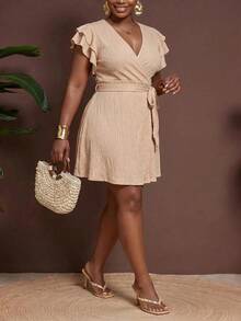 Veslaya Plus Size Women's Solid Color V-Neck Waist Knot Casual Elegant Party Vacation Dress Beige Summer - Apricot - View 6