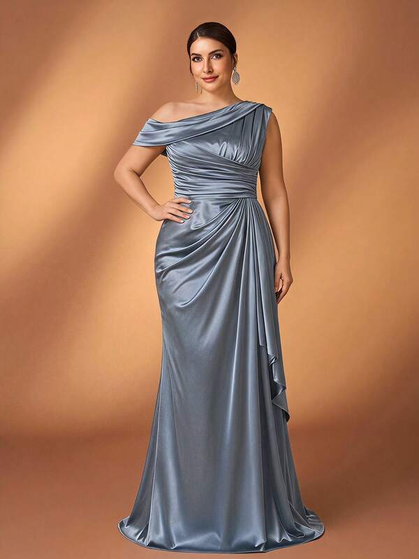 Serin Plus Size Gray-Blue Off-Shoulder Ruched Twist Drape Asymmetric Hem A-Line Formal Evening Gown, Bridesmaid Dress, Mother Of The Bride Dress
