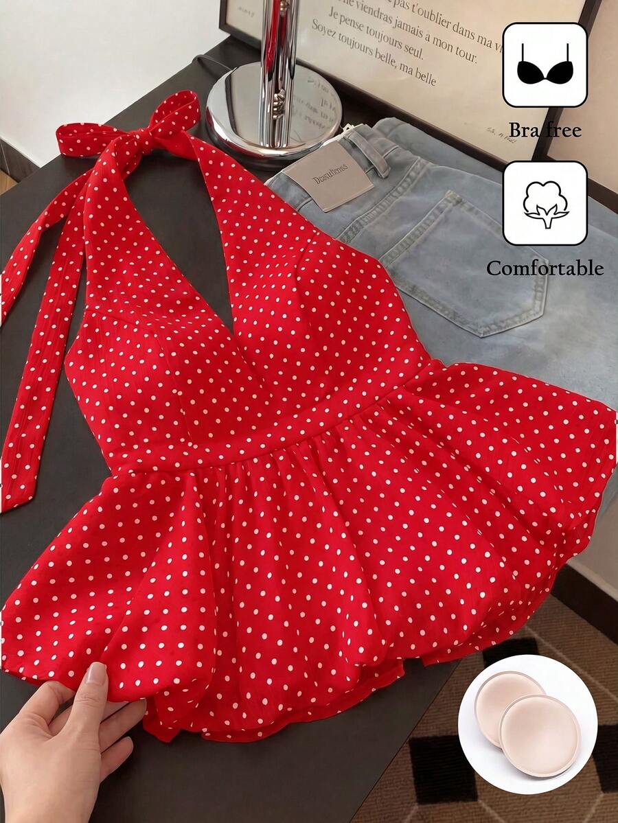 SHEIN PariChic 優雅法式女款內建胸墊免穿內衣波點掛脖綁腰荷葉邊上衣 - 紅色 - 查看 1