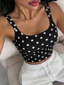 DAZY Bra Olahraga Wanita Model Tank Top Minimalis Warna Solid dengan Motif Polka Dot di Seluruh Permukaan dan Tali Ganda, Dilengkapi Bantalan, dan Desain Ringan - Hitam - View 4