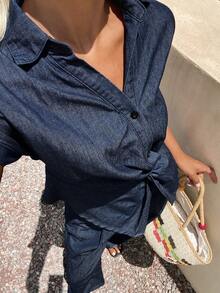 DAZY Solid Color Loose Knot Short Sleeve Shirt Wide Leg Pants Casual Matrix Vacation Autumn Outfit Women Denim Set Going Out Formal Blue - Blue - View 6