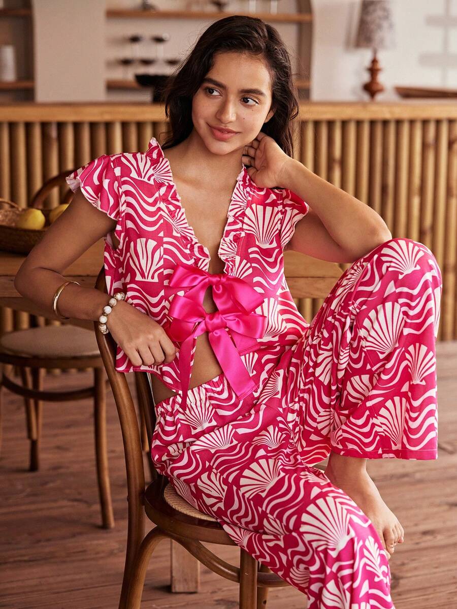 Lullawish Conjunto de pijama de mujer con estampado de ondas de agua y conchas estilo bohemio, efecto burbuja y arrugado - Multicolor - Ver 1