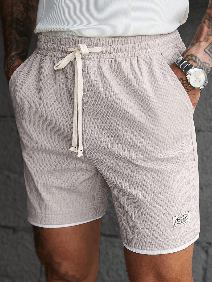 Manfinity Homme Men's Solid Color Waffle Knit Jacquard Textured Waist Drawstring Contrast Color Cuffed Hem 2 In 1 Loose Casual Elastic Waist Shorts - Khaki - View 1