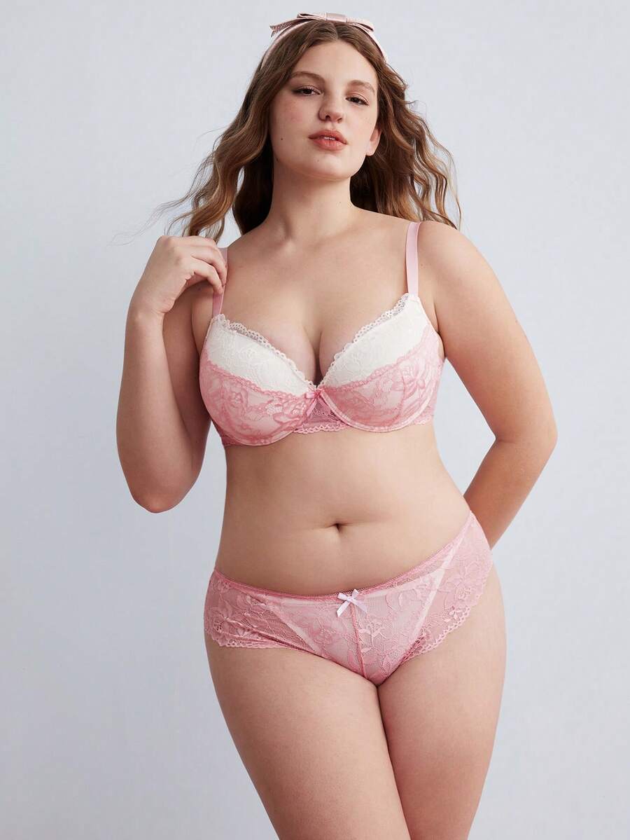 Elorette Women's Colorblock Lace Patchwork Camisole Bra Set, Lace Bra And Panty Set, Plus Size Lingerie Set - Pink - View 1