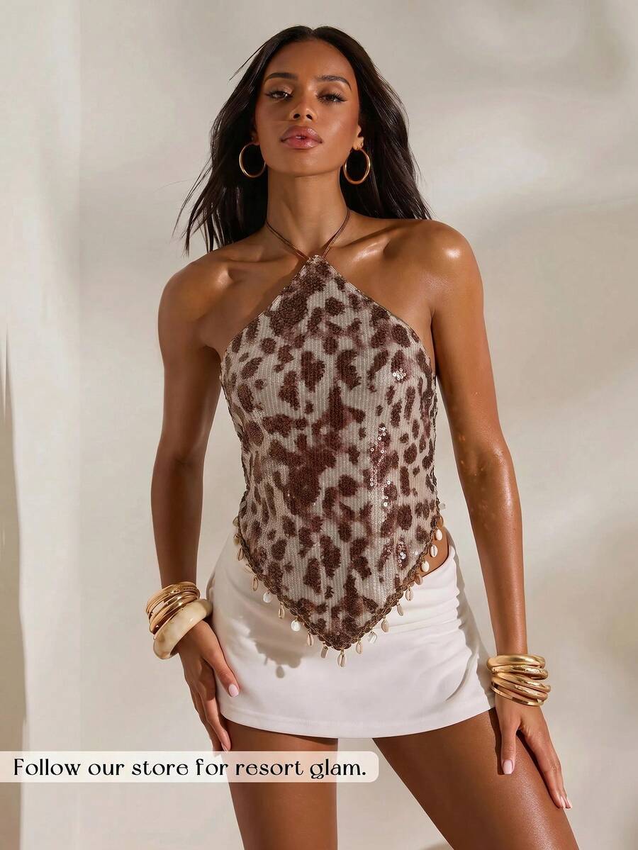 Opulessa Women's Sexy Leopard Print Sequin Backless Halter Neck Top For Summer Night Out Party Vacation Brown - Coffee Brown - View 1