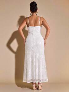 SHEIN BAE Plus Size Elegant Sequin Floral Embroidered Spaghetti Strap Dress Evening Formal Wedding Guest White Summer - White - View 2