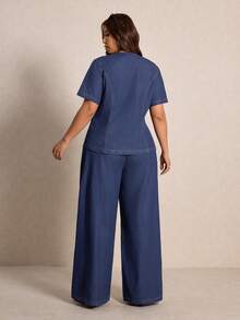 Elaquor Plus Size Women 2pcs Set: Short Sleeve Single-Breasted Denim Shirt And Denim Pants - Medium Wash - View 2