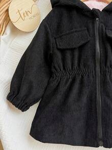 Baby Girl Cute Corduroy Hooded Thermal Lined Jacket, Autumn/Winter - Black - View 3