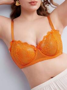 Elorette Orange Underwire Lace Patchwork 1/2 Cup Push Up Comfy Balconette Bra Romantic Exquisite Plus Size Bra - Orange - View 1