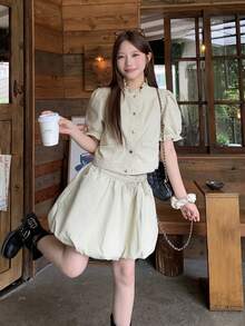 DAZY Women's Summer Short Sleeve Open Front Top And Short Bud Skirt Casual 2 Pieces Set Washed Fitted Denim Outfit Cute Tops - Khaki - View 1