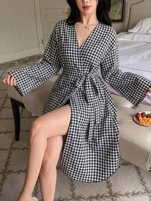DAZY 格紋不對稱前襟寬鬆長版夏季長袖女款睡袍睡衣 - 黑色 - 查看 4