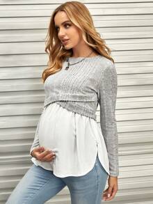 SHEIN Maternity Cross Wrap 2 In 1 Nursing Tee With Long Sleeve Fall - Light Grey - View 4