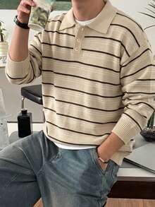 DAZY 長袖秋季卡其黑色條紋POLO領男士毛衣 - 卡其色 - 查看 3