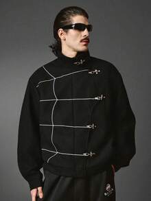 STYNVO Men's Fashion Spiderweb Embroidery Design Zip-Up Stand Collar Jacket - Black - View 4