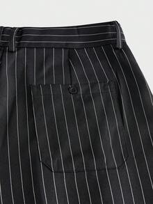 SWAVVY Men's Spring/Summer Casual Button-Up Striped Wide-Leg Pants - Black - View 5