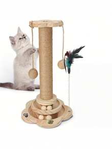 1PC Multifunctional Tall Wooden Cat Scratching Post With Two Tier Track Ball Interactive Feather Hanging Toy Durable No Mess Indoor For Adult Kitten Cat Pet Supplies - Brown - View 7
