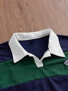SWAVVY Kemeja Polo Lengan Pendek Pria Kasual Musim Panas Model Longgar Warna Hijau dengan Bordir Patchwork - Hijau - View 6