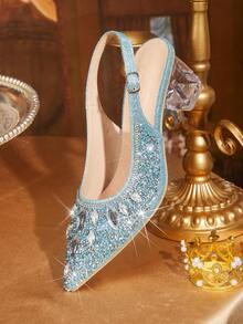 CUCCOO TILAWA Women's Crystal Heel Glass Rhinestone Pointed Toe Pink High Heel Pumps, Suitable For Outings, Banquets, Parties And Other Events - Baby Blue - View 3
