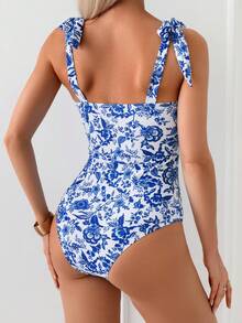Swim Lushoire 女款一件式花卉隨機印花夏季性感鏤空V領泳衣 - 彩色 - 查看 2