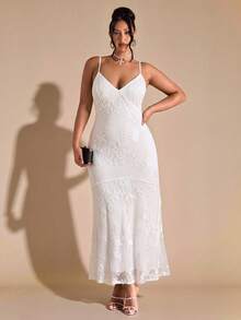 SHEIN BAE Plus Size Elegant Sequin Floral Embroidered Spaghetti Strap Dress Evening Formal Wedding Guest White Summer - White - View 1