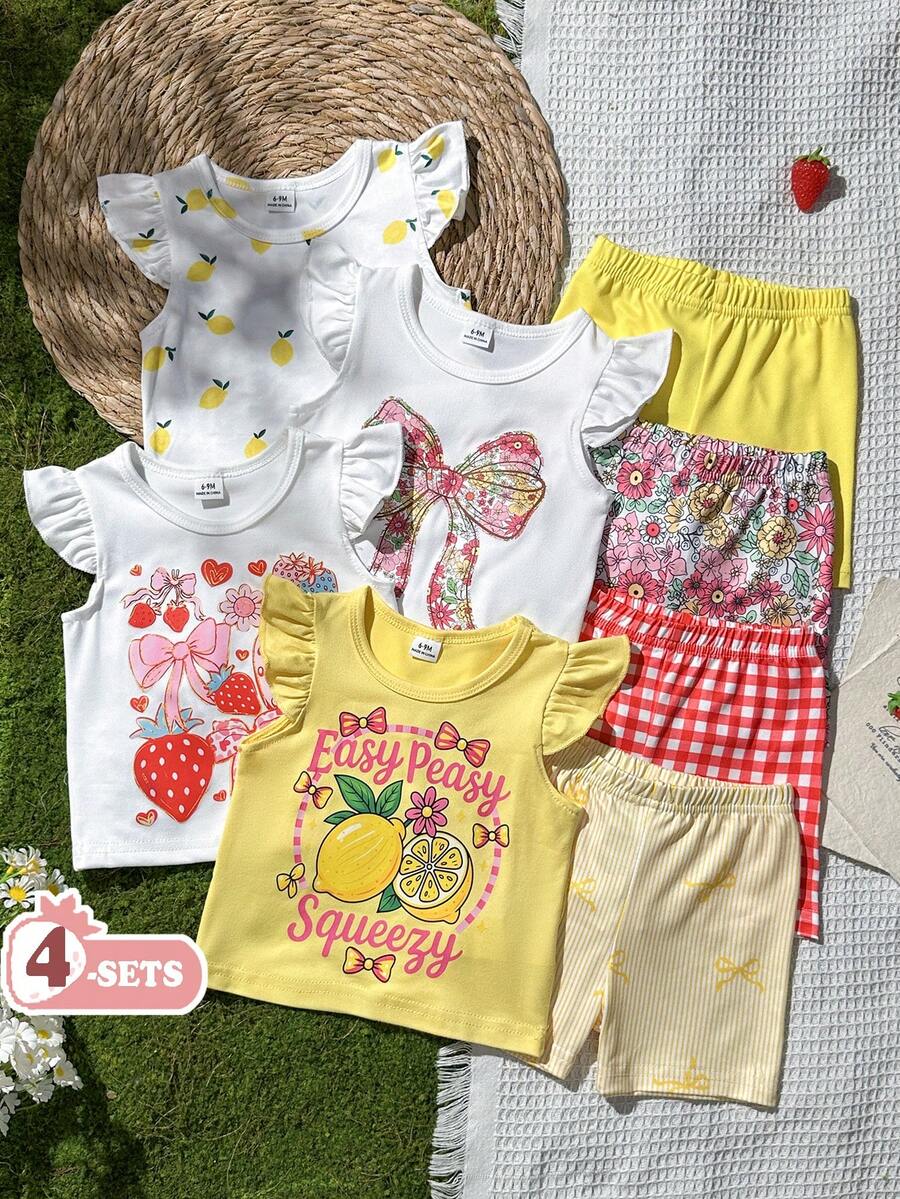 SHEIN Vintaside Kids 8件組 0-3歲女嬰 春夏新款圖案印花休閒日常出遊可愛趣味田園風女童荷葉袖背心T恤與短褲度假海灘百搭島嶼風8件組 - 彩色 - 查看 1