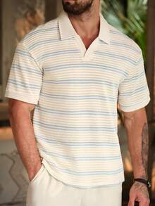 Manfinity CasualCool Camisa polo de manga corta para hombre talla grande, de punto con textura de malla a rayas azules y blancas, de punto de ganchillo - Multicolor - Ver 4