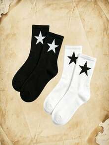 ROMWE Goth 2pairs Men Star Print Crew Socks - Two color black and white - View 1
