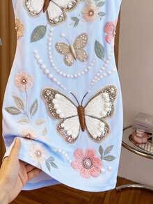 GlowEve 春夏休閒度假法式風刺繡珠飾3D印花圓領修身無袖短洋裝，優雅時尚白色刺繡珠飾洋裝 - 藍色 - 查看 6