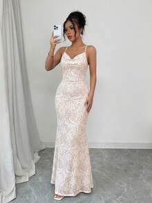 Selianne 女款細肩帶露背交叉綁帶洋裝，性感夏季婚禮正式款，新娘母親賓客優雅長版貼身派對生日粉色洋裝 - 彩色 - 查看 3