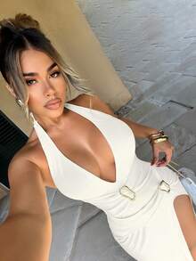 Sirith Deep V-Neck, Waist Ruched, Metal Decor Button, High Slit, Sleeveless, Textured Long Dress, Sexy - Apricot - View 3