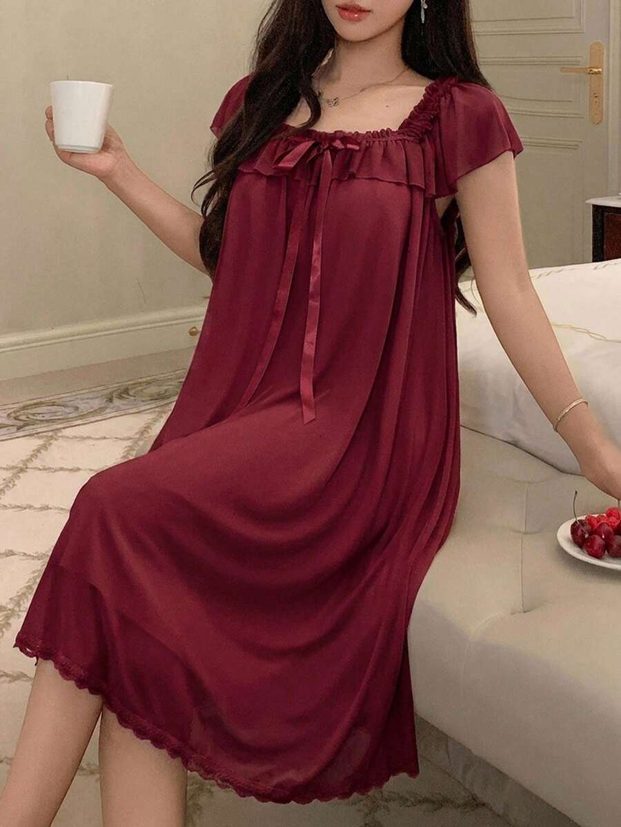 DAZY Sweet Lightweight Ruffle Mesh Short Dress Summer Outfit Women's Nightgown - Burgundy - View 1