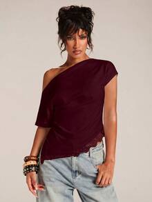 SHEIN BAE Women's Burgundy Fashion Sexy Casual Solid Color Minimalist Asymmetric Hem Lace Patchwork Night Out T-Shirt, Suitable For Spring/Summer Layering - Burgundy - View 5