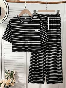 SHEIN 2件組青少年女孩時尚條紋套裝，短袖圓領寬鬆T恤搭配條紋針織寬腿長褲，適合派對、度假、校園、日常休閒穿著，春/夏/秋季 - 黑色 - 查看 7