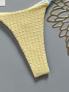 Swim Mod Damen Bikini-Badeanzug-Set aus 2 Teilen für Frühling/Sommer, neu, aus Spezialstoff mit Metalldekor, V-Ausschnitt, Neckholder, rückenfrei, Dreiecksform und Nieten - Gelb - Übersicht 7