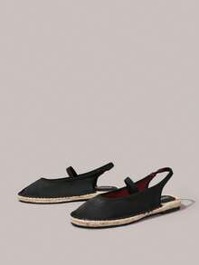 Styleloop Black Satin Back Strap Round Toe Straw Woven Flat Slouchy Shoes, Breathable And Comfortable Shoes - Black - View 6