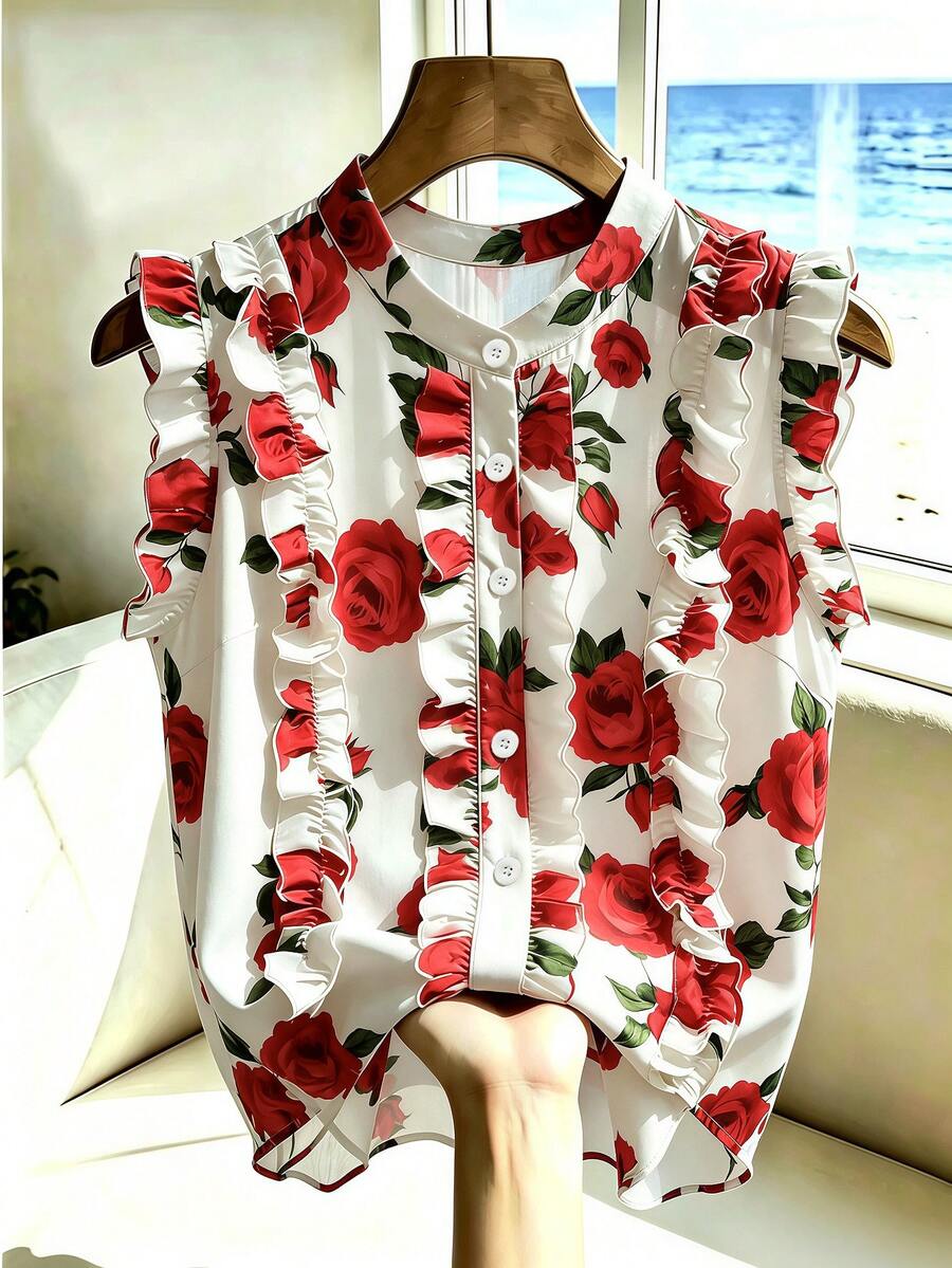 Franclia Women's Floral Print Ruffle Single-Breasted Shirt - Red - View 1