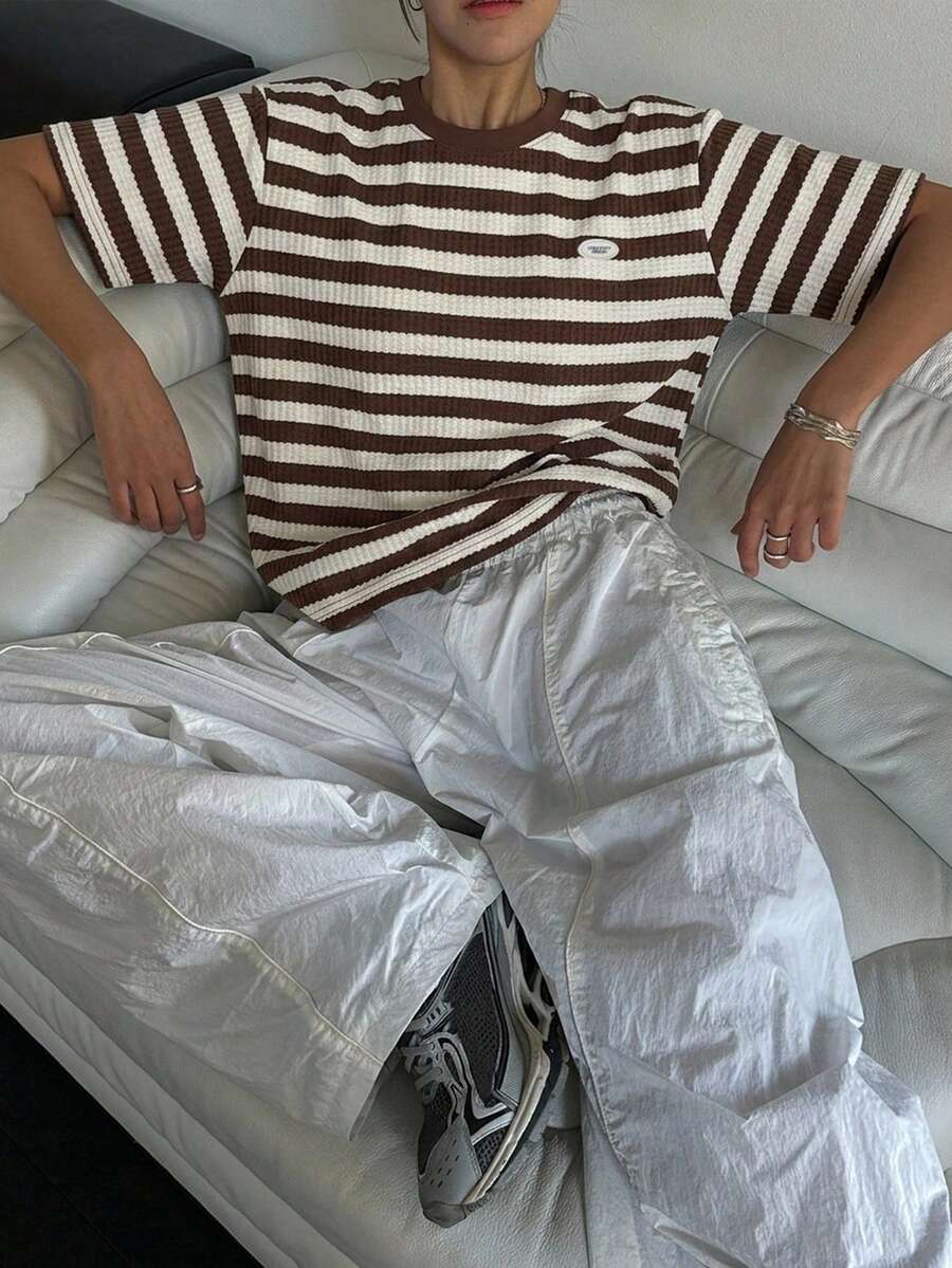 DAZY Casual Sports Summer Top Colorblock Striped Loose Short Sleeve Round Neck Women's T-Shirt - Brown - View 1