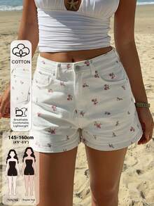 Livesso Petite Women's Ditsy Floral Pocket Casual Cute Tropical Versatile Denim Shorts Summer Beach Vacation White And Pink - White - View 1