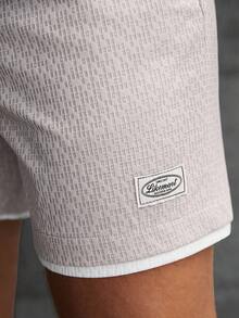 Manfinity Homme Men's Solid Color Waffle Knit Jacquard Textured Waist Drawstring Contrast Color Cuffed Hem 2 In 1 Loose Casual Elastic Waist Shorts - Khaki - View 4