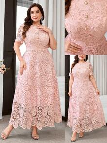 Reflora Plus Size Elegant Solid Color Lace Party Dress - Pink - View 10