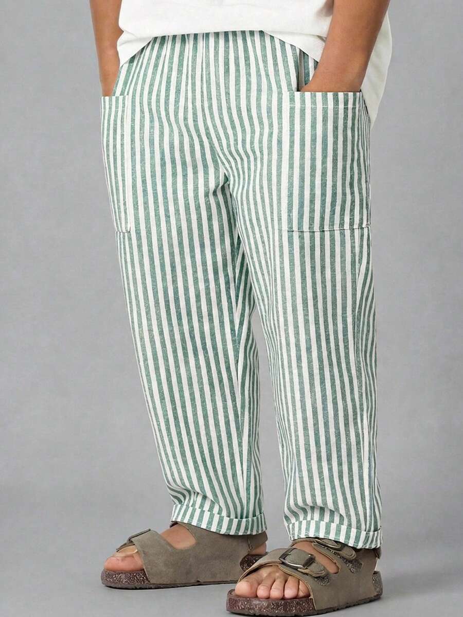 SHEIN 1pc Kids Tween Boy Green & White Pinstripe Elastic Waist Side Large Pocket Casual Long Pants Versatile Comfortable - Green - View 1