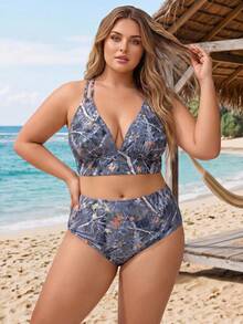 SHEIN CURVE+ 大尺碼夏季度假枝條印花比基尼套裝 - 彩色 - 查看 5