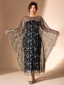 Cravure Elegante vestido de malla con bordado floral, conjunto de dos piezas de talla grande - Negro - Ver 1
