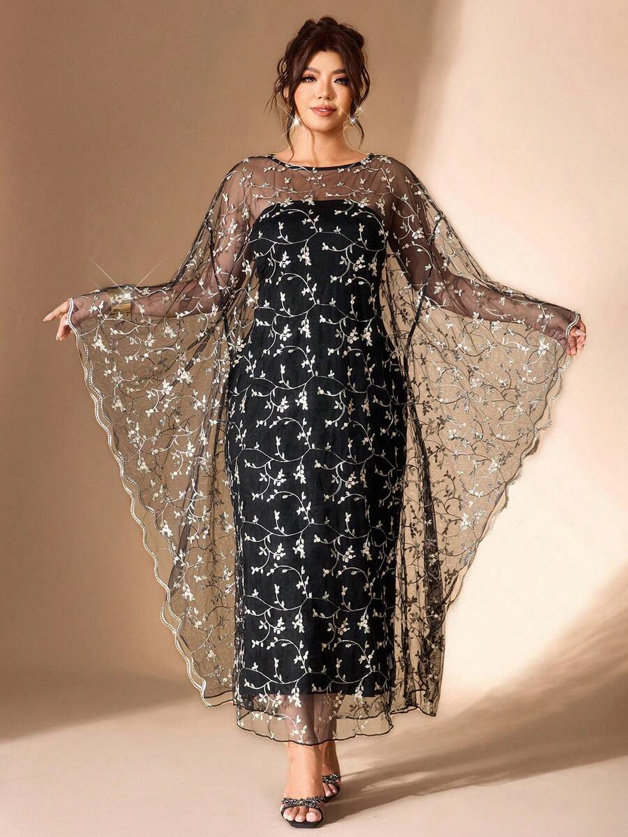 Cravure Elegante vestido de malla con bordado floral, conjunto de dos piezas de talla grande - Negro - Ver 1
