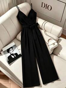 GlowEve CURVE Mono de tirantes finos para mujer talla grande, color liso, casual elegante, para uso diario, fiesta y cita nocturna, negro, verano - Negro - Ver 3