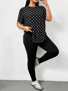 SHEIN Essnce 度假休閒復古波點印花大尺碼女款黑色兩件套，適合夏季 - 彩色 - 查看 3