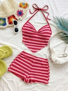 Soleia Spring/Summer New Back To  Tropical Red & White Striped Spaghetti Strap Strap Women's 2-Piece Set No Chest Padding - Hot Pink - View 4